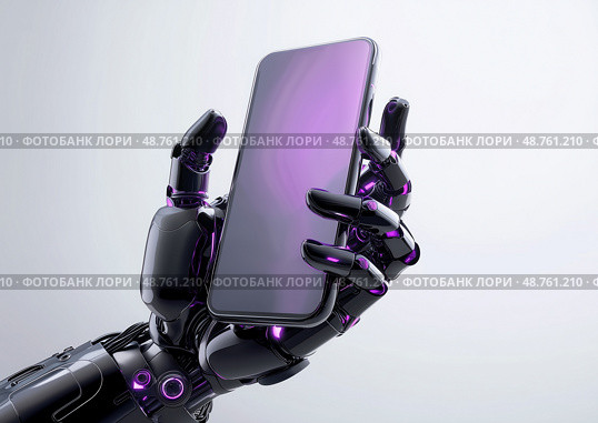 Futuristic metallic robotic hand with purple backlight holding a modern smartphone on a light background. Стоковое AI-изображение, AI-художник ArtVladZ / Фотобанк Лори