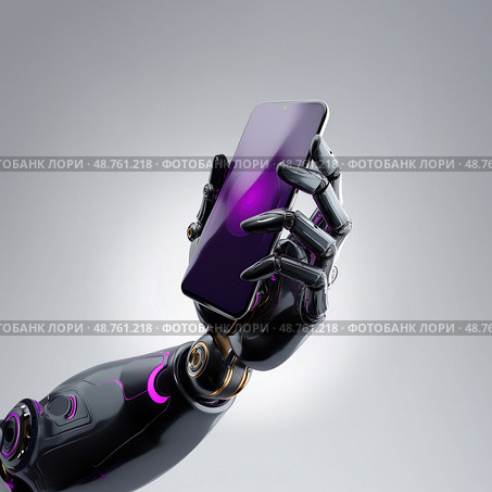 Futuristic metallic robotic hand with purple backlight holding a modern smartphone on a light background. Стоковое AI-изображение, AI-художник ArtVladZ / Фотобанк Лори