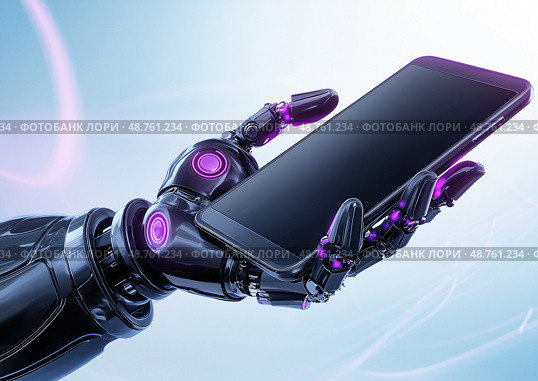 Futuristic metallic robotic hand with purple backlight holding a modern smartphone on a light background. Стоковое AI-изображение, AI-художник ArtVladZ / Фотобанк Лори