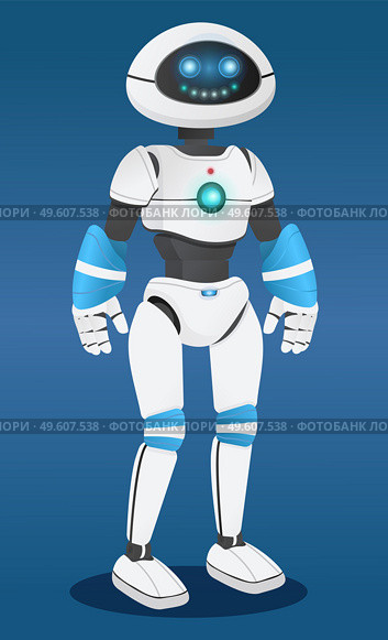 Futuristic robot at blue background, artificial intelligence. Innovative humanized model of robot. Realistic smiling android with hands. Cybernetic science. Electronic droid with sensors amd lamps. Humanized futuristic robot at blue background, artificial intelligence, innovative model of robot. Стоковая иллюстрация, агентство Ingram Publishing / Фотобанк Лори