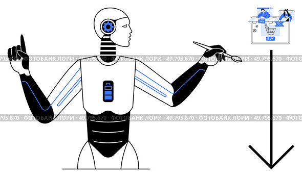 Futuristic robot interacts with digital shopping interface using a stylus, highlighting advancements in AI. Ideal for technology, AI, robotics, e-commerce, future retail, innovation automation. Line. Futuristic robot pointing at digital shopping screen with stylus, emphasizing technology in retail. Стоковая иллюстрация, агентство Ingram Publishing / Фотобанк Лори