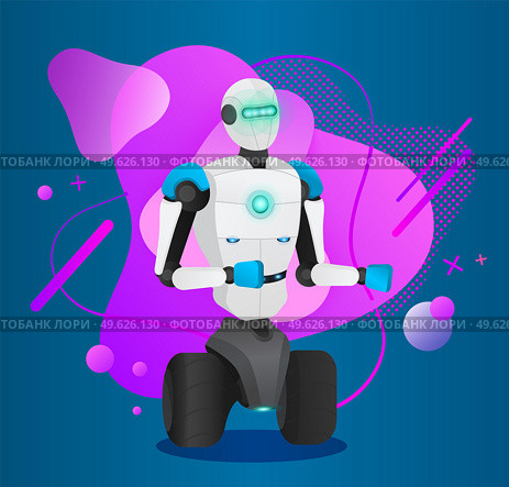 Futuristic robot with wheels and hands, sensors. Artificial intelligence. Innovative humanized model of robot. Android at pink abstract background with dotes, lines, circles. Cybernetic science. Futuristic humanized robot with wheels, artificial intelligence, cybernetic science, electronics. Стоковая иллюстрация, агентство Ingram Publishing / Фотобанк Лори