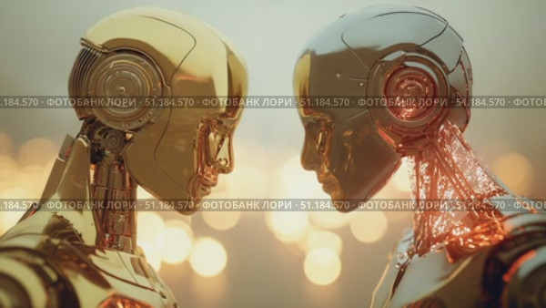 Futuristic robots face each other in a captivating display of advanced technology and design. Стоковое AI-видео, аниматор Ekaterina Ismagilova / Фотобанк Лори