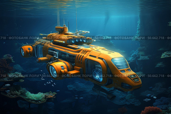 Futuristic submarine exploring underwater coral reef. Стоковое AI-изображение, AI-художник Иван Рябоконь / Фотобанк Лори