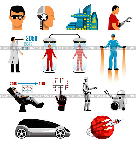 Futurology icons set with bionic medicine, human cloning, cryopreservation, future city, space tourism isolated vector illustration. Futurology Icons Set. Стоковая иллюстрация, агентство Ingram Publishing / Фотобанк Лори