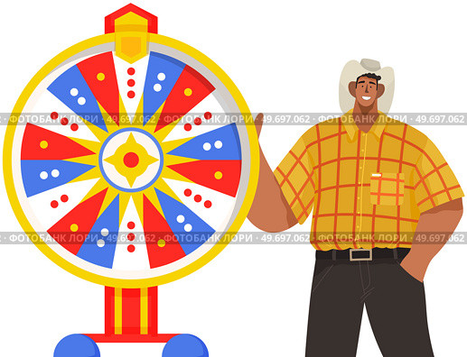 Game fortune wheel concept. Man playing risk game with roulette wheel and lottery. Casino and gambling, leisure vector. Casino felicity wheel winner game. Stylish man won, joyfully raised his hands up. Game fortune wheel. Man playing risk game with roulette wheel and lottery. Casino and gambling. Стоковая иллюстрация, агентство Ingram Publishing / Фотобанк Лори