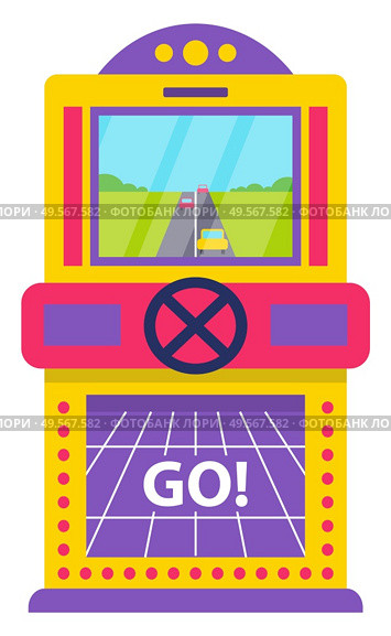 Game machine with screen vector, isolated arcade on monitor. Car racing on road, entertainment in free time, pastime and hobby. Playing racing competition. Win money in slot mashine. Flat cartoon. Arcade Game for Adults and Kids, 8bit Machine. Стоковая иллюстрация, агентство Ingram Publishing / Фотобанк Лори