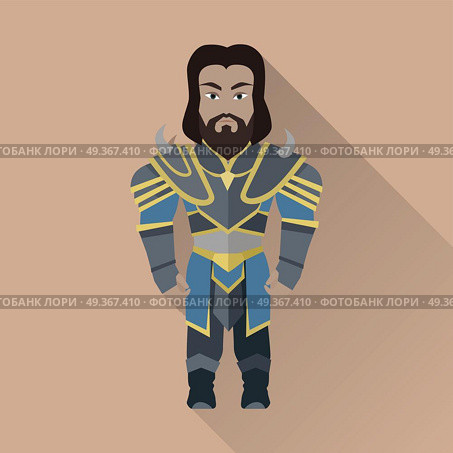 Game Object of Knight. Game object of knight in steel medieval armor with crown. Character stand in front. Stylized fantasy characters. Game object in flat design on game background. Vector illustration. Стоковая иллюстрация, агентство Ingram Publishing / Фотобанк Лори