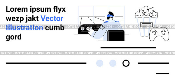 Gamers playing console, enthusiast wearing headset, gaming controller, popcorn. Ideal for gaming websites, streaming platforms, gamer profiles, entertainment blogs, tech reviews, eSports events. Video Gaming and Entertainment Concept with Gamer, Console, and Popcorn Elements. Стоковая иллюстрация, агентство Ingram Publishing / Фотобанк Лори