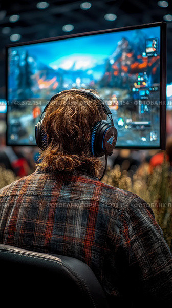 Gaming Immersion: Focused gamer with headset absorbed in action on large monitor. Стоковое AI-изображение, AI-художник Данила Большаков / Фотобанк Лори