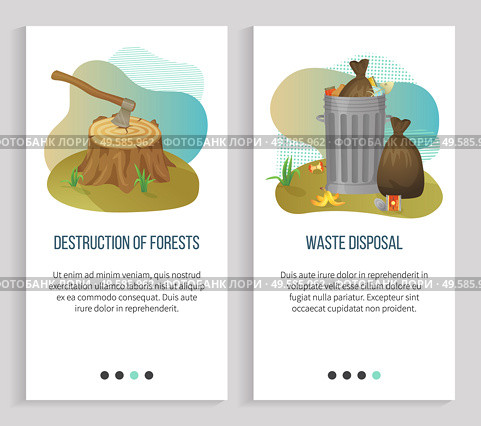 Garbage disposal and destruction of forests vector, ecological problems of planet, big with trash in bags, waste and bulky items, ax deforestation. Website or slider app, landing page flat style. Destruction of Forests and Garbage Disposal Vector. Стоковая иллюстрация, агентство Ingram Publishing / Фотобанк Лори