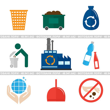 Garbage recycling icons flat set of waste bin dumpster hygienic bag isolated vector illustration. Стоковая иллюстрация, агентство Ingram Publishing / Фотобанк Лори
