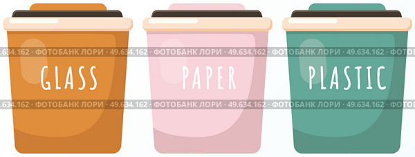 Garbage sorting. Different color recycle bins with glass, plastic and paper. Recycling or reuse. Less garbage on planet. Zero waste ecology concept. Clean planet and environment care, stop pollution. Garbage sorting. Different color recycle bins with glass, plastic and paper. Zero waste concept. Стоковая иллюстрация, агентство Ingram Publishing / Фотобанк Лори