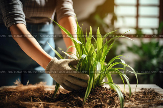 Gardener repotting chlorophytum comosum plant at home. Стоковое AI-изображение, AI-художник Иван Рябоконь / Фотобанк Лори