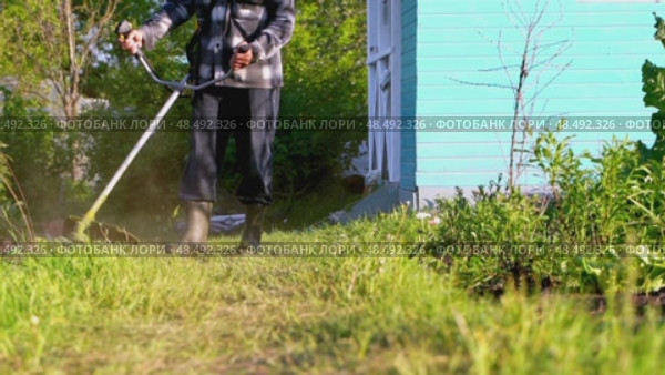 Gardener with grass trimmer mows lawn. Стоковое видео, видеограф Igor Skripachev / Фотобанк Лори