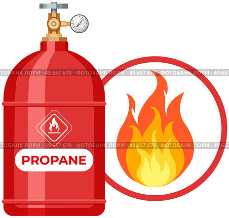 Gas cylinder, canister with fuel storage. Balloon with flammable subtance near fire warning. Metal tank with liquefied compressed petroleum, propane. Pressurized gas cylinder with manometer. Container with flammable subtance near fire warning. Pressurized gas cylinder with manometer. Стоковая иллюстрация, агентство Ingram Publishing / Фотобанк Лори