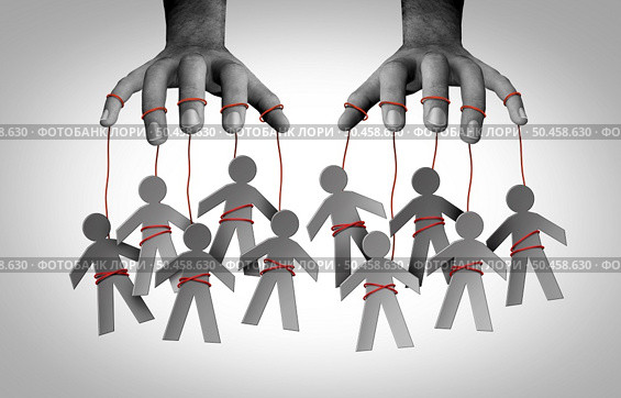 Gaslighting people and social Manipulator concept as a puppet master influencing a society on strings controlled by someone that manipulates and wants to gaslight for exploitation or domination as psychological control in a 3D illustration style. Стоковое фото, агентство Ingram Publishing / Фотобанк Лори