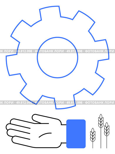 Gear, open hand, and three ears of wheat. Ideal for teamwork, industry, cooperation, farming, agriculture mechanization productivity. Line metaphor. Hand Reaching Out to Gear and Ears of Wheat Symbolizing Cooperation and Mechanized Agriculture. Стоковая иллюстрация, агентство Ingram Publishing / Фотобанк Лори