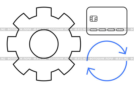 Gear shape, credit card, and circular arrows indicate a blend of finance, automation, and continuous processes. Ideal for fintech, process management, automation, finance efficiency updates. Gear icon, credit card, and circular arrows representing financial automation and process efficiency. Стоковая иллюстрация, агентство Ingram Publishing / Фотобанк Лори