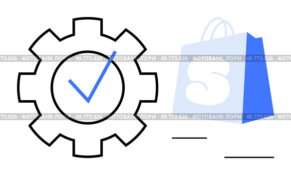Gear with check mark beside a shopping bag blue icon. Ideal for themes like quality assurance shopping trustworthiness reliability and service verification. Simple modern style. Gear with Check Mark Beside Shopping Bag Symbolizing Verified Quality or Service. Стоковая иллюстрация, агентство Ingram Publishing / Фотобанк Лори