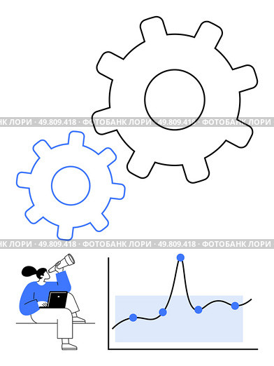 Gears a woman with telescope and a line graph represent analysis innovation, and strategy. Ideal for technology, productivity, data science, research, problem-solving, improvement. Line metaphor. Analyzing Data Trends Gears, Charts, and Insightful Observation. Стоковая иллюстрация, агентство Ingram Publishing / Фотобанк Лори