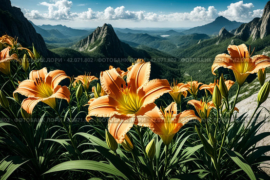 Generative Ai illustration of daylily flowers at mountains backgrounds. Nature wallpaper concept. Cartoon illustration. Copy ad text space. Стоковое AI-изображение, AI-художник Aleksandr Golubev / Фотобанк Лори