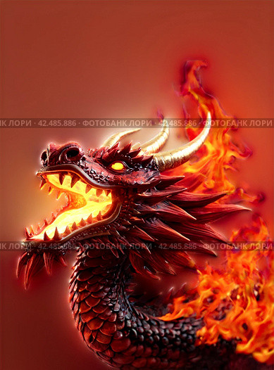 Generative Ai illustration of Fire chinese dragon head with flame fire. Logotype design concept. Cartoon illustration. Copy ad text space. Стоковое AI-изображение, AI-художник Aleksandr Golubev / Фотобанк Лори