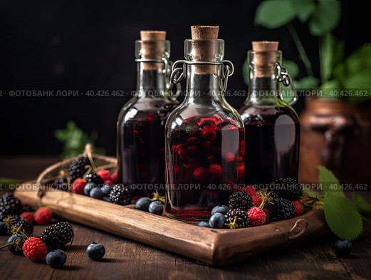 Generative AI illustration of glass bottles with alcoholic tinctures placed on wooden table near plates of assorted ripe fresh berries in kitchen. Стоковое AI-изображение, AI-художник Антон Гвоздиков / Фотобанк Лори
