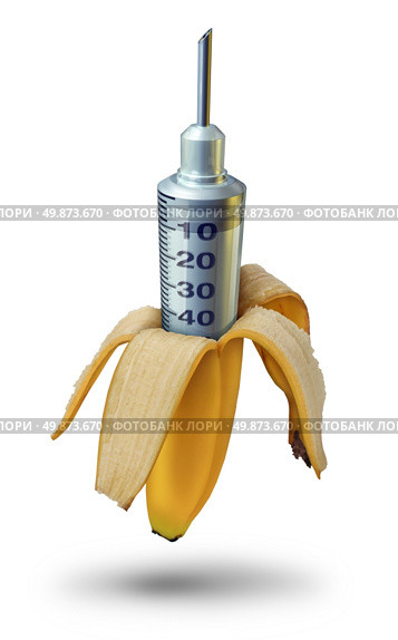Genetic food modification and gene engeneering of fruits and vegetables as a peeled yellow banana with a medical syringe as a concept for adding chemicals and pesticides for food safety on white. Стоковое фото, агентство Ingram Publishing / Фотобанк Лори