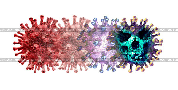 Genetic virus variant and mutating cell concept or new coronavirus variants outbreak and covid-19 viral cells mutation as an influenza dangerous flu strain transforming into a more contagious disease as a 3D render. Стоковое фото, агентство Ingram Publishing / Фотобанк Лори