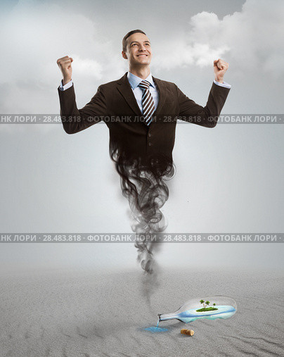 Genie business man appearing from the magic lamp or bottle. Help, assistance urgent solution concept. Стоковое фото, фотограф Kirill Kedrinskiy / Ingram Publishing / Фотобанк Лори