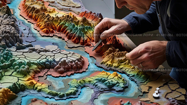 Geographer exploring the terrain on the model. Стоковое AI-изображение, AI-художник Кирилл Черезов / Фотобанк Лори