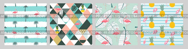 Geometric Pink Flamingo Seamless Pattern Background set. Vector Illustration. EPS10. Geometric Pink Flamingo Seamless Pattern Background set. Vector Illustration. Стоковая иллюстрация, агентство Ingram Publishing / Фотобанк Лори