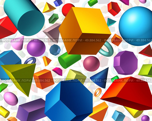 Geometric shapes background and geometry concept as basic three dimensional figures as a cube sphere cylinder floating on white as an education and math learning symbol. Стоковое фото, агентство Ingram Publishing / Фотобанк Лори