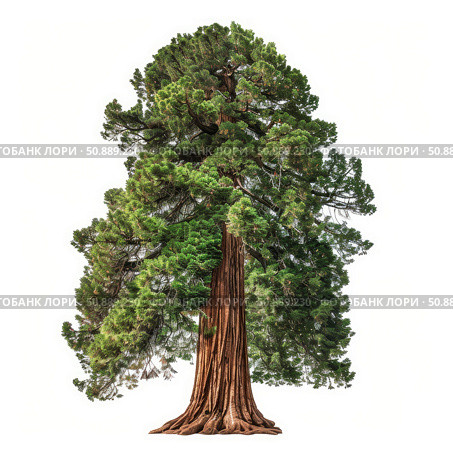 Giant sequoia tree standing tall on white background. Стоковое AI-изображение, AI-художник Иван Рябоконь / Фотобанк Лори