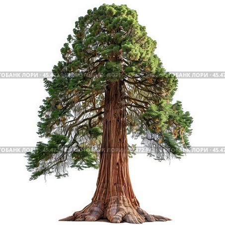 Giant sequoia tree standing tall with lush green foliage. Стоковое AI-изображение, AI-художник Иван Рябоконь / Фотобанк Лори