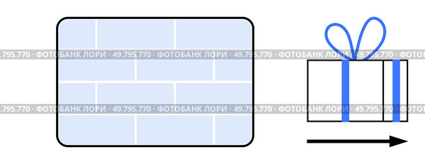 Gift box tied with blue ribbon moving past a simplified brick wall. Ideal for delivery services, overcoming challenges, problem-solving, teamwork, innovation, logistics, and celebrations. Line. Gift box moving through a simplified representation of a wall, concept of overcoming obstacles. Стоковая иллюстрация, агентство Ingram Publishing / Фотобанк Лори