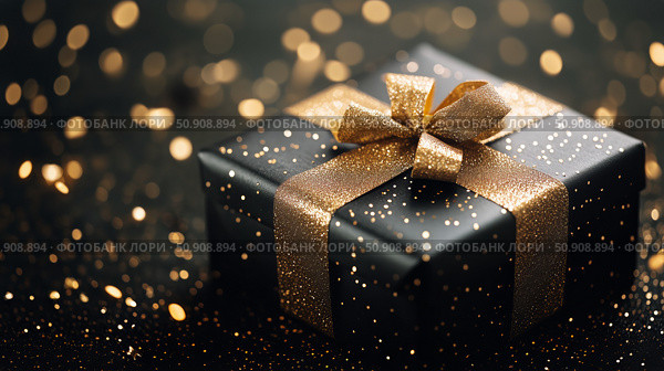 Gift Box With Golden Ribbon and Confetti Celebrating a Special Occasion. Стоковое AI-изображение, AI-художник Юлия Гапеенко / Фотобанк Лори