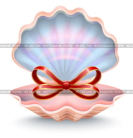 Gift card with red ribbon in shape of bow in open seashell. Holiday postcard decorated by shell symbol with silk elegant stripe. Valentine greeting card with aqua symbol with accessory on white vector. Seashell with Red Ribbon Symbol Gift Card Vector. Стоковая иллюстрация, агентство Ingram Publishing / Фотобанк Лори