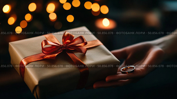 Gift Exchange at a Cozy Celebration With Warm Lights and a Meaningful Keepsake. Стоковое AI-изображение, AI-художник Юлия Гапеенко / Фотобанк Лори