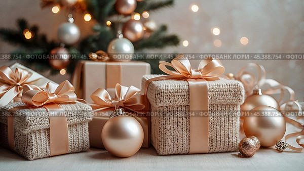 Gift knitted boxes with satin bows and fir branches with Christmas toys. A cozy concept for Christmas and winter holidays in 2025. We prepare gifts for our loved ones. Стоковое AI-изображение, AI-художник Photojuli / Фотобанк Лори