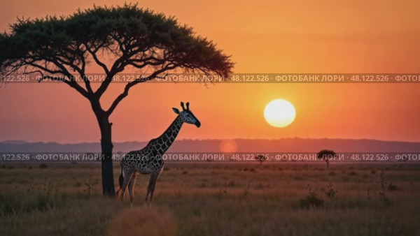 Giraffe in habitat Africa. African savannah. Long neck. AI Generative. Стоковое AI-видео, аниматор Spirit River / Фотобанк Лори