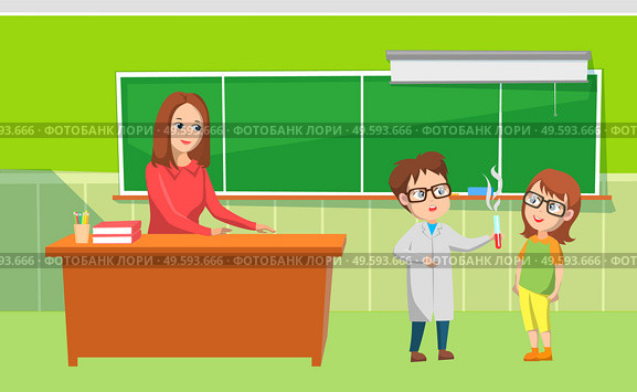 Girl and boy educating with flask, teach sitting at desktop, pupils researching. Elementary school, people in green classroom, chemistry lesson vector. Chemistry Lesson, Elementary School, Pupil Vector. Стоковая иллюстрация, агентство Ingram Publishing / Фотобанк Лори