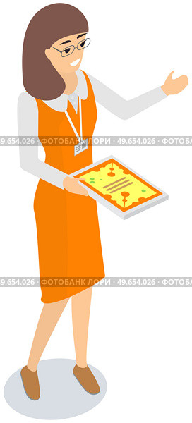 Girl distributes leaflets, flyers on white background. Leafleting, advertising campaign. Work in advertising company, promotion. Female promoter is sharing leaflet fliers with advertisement. Work in advertising company, promotion, distribution. Female promoter distributes leaflets, flyers. Стоковая иллюстрация, агентство Ingram Publishing / Фотобанк Лори