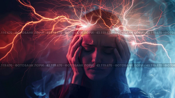 girl has severe headache, migraine, magnetic storm, solar flares. Стоковое AI-изображение, AI-художник Ольга Ильина / Фотобанк Лори