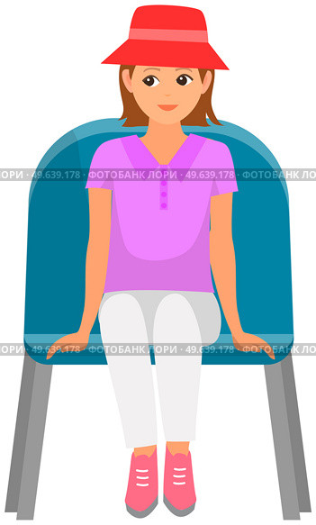 Girl in hat sitting on chair and watching show isolated on white background. Young female character in viewer seat looking at something. Person in audience, spectator sitting on viewer place. Young female spectator sitting in viewer seat is looking at something, watching show, performance. Стоковая иллюстрация, агентство Ingram Publishing / Фотобанк Лори