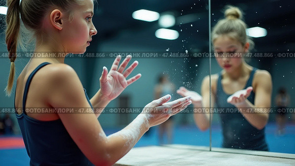 Girl is in a gymnasium, cleaning her hands with powder. Стоковое AI-изображение, AI-художник Sergey Grishin / Фотобанк Лори