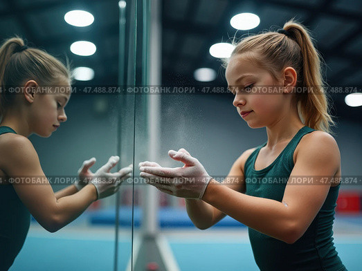 Girl is in a gymnasium, wearing a green tank top and white gloves. Стоковое AI-изображение, AI-художник Sergey Grishin / Фотобанк Лори