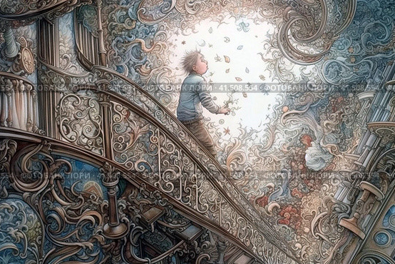 Girl on a fabulous spiral staircase in an old mansion, watercolor style, Generative AI. Стоковое AI-изображение, AI-художник Анна Кривицкая / Фотобанк Лори