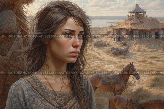 Girl with a horse in the steppe against the background of a house  Generative AI. Стоковое AI-изображение, AI-художник Анна Кривицкая / Фотобанк Лори